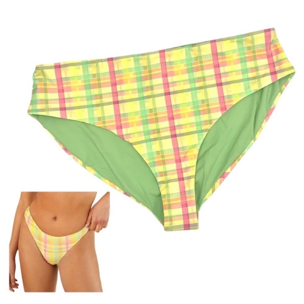 Dippin’ Daisy’s Yellow Pink Plaid Medium Coverage Swimsuit Bikini Bottom 1X NWT
